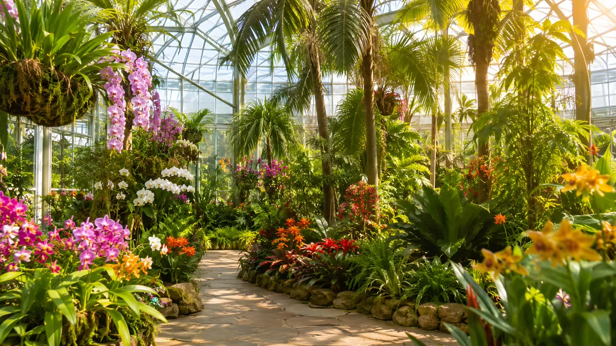 Tropisches Gewächshaus mit Orchideen und Palmen