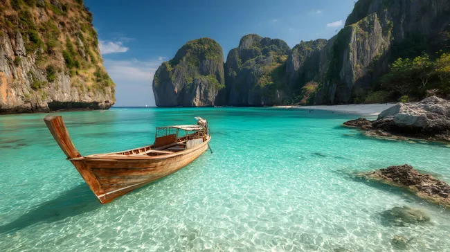 Tropisches Inselparadies mit kristallklarem Wasser und Holzboot