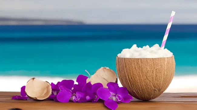 Tropisches Kokos-Cocktail am Sandstrand