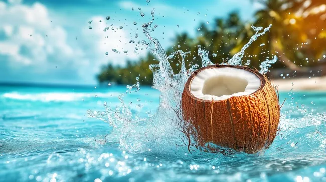 Tropisches Kokosnuss-Splash-Foto im Wasser
