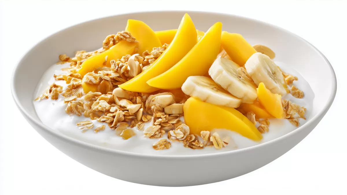 Tropisches Mango Bananen Müsli mit Joghurt in Schüssel