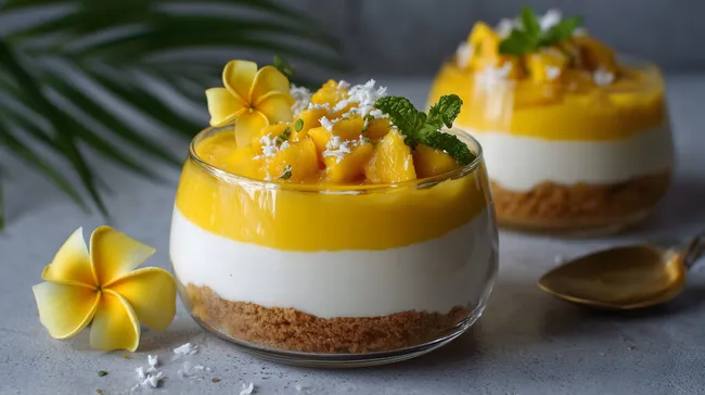 Tropisches Mango-Jogurt-Dessert mit Minze