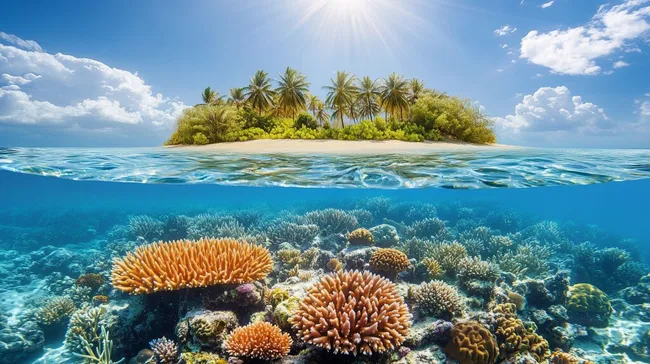 Tropisches Paradieskoral-Riff mit einsamer Palmeninsel