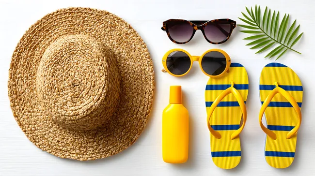 Tropisches Sommersortiment mit Sonnenschutzutensilien