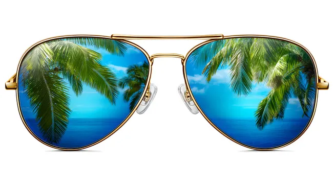 Tropisches Urlaubsflair durch Sonnenbrille mit Palmen und Meerblick