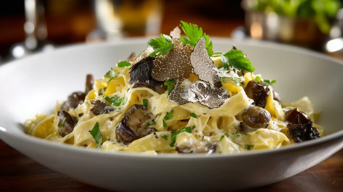 Truffle Mushroom Pasta mit Trüffelspänen und Sahnesauce