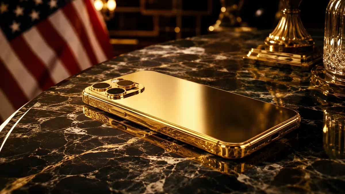 Trump Phone T1 auf schwarzer Marmorplatte