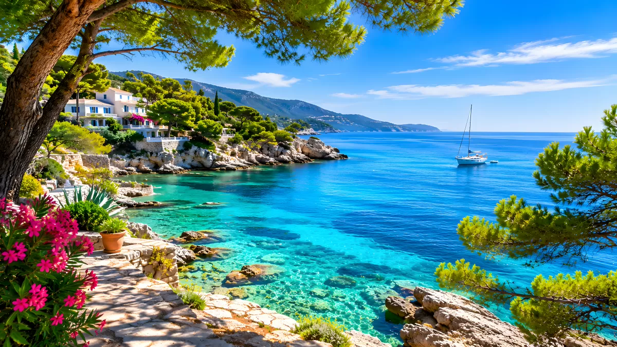 Türkisblaue Mittelmeerküste mit Segelboot und Villa