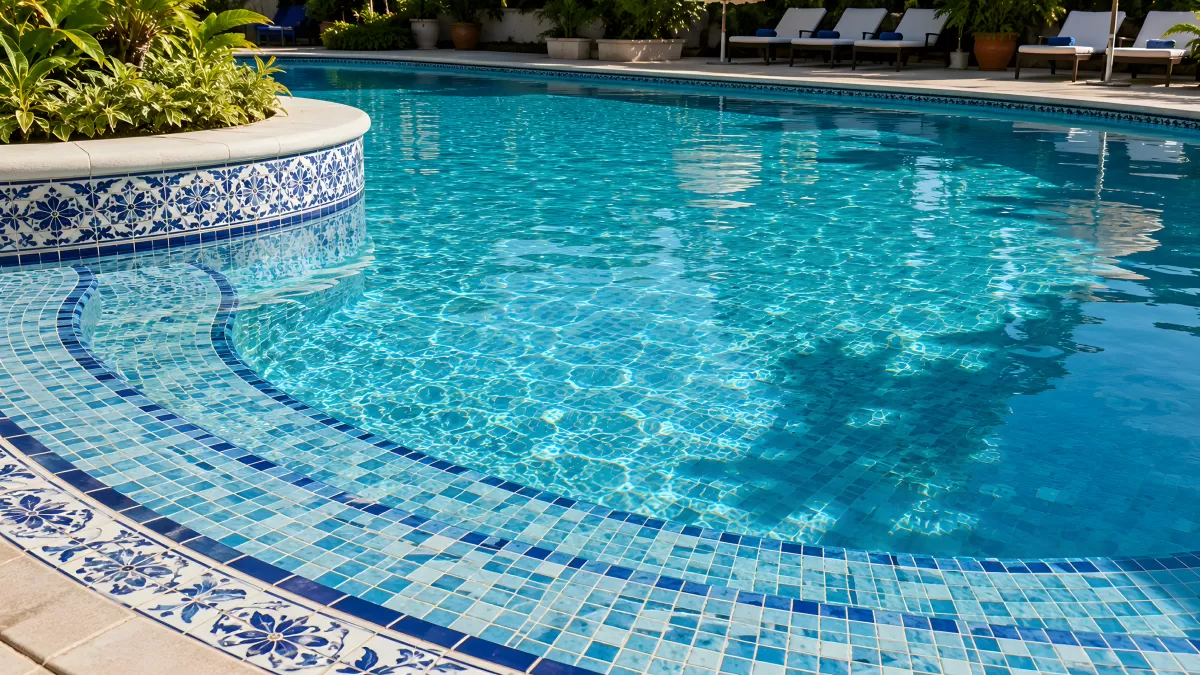 Türkisblaues Schwimmbad mit Mosaikfliesen im Sommer