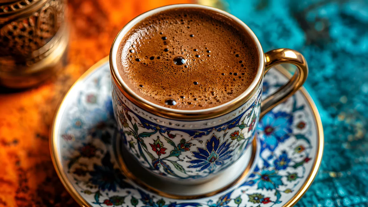 Türkischer Kaffee in verzierter Iznik-Tasse mit Goldrand