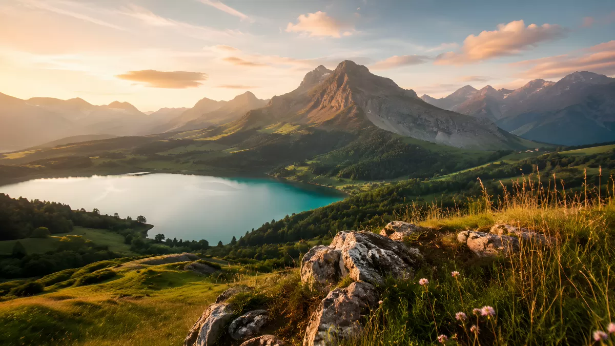 Türkiser Bergsee im Alpenglühen bei Sonnenuntergang