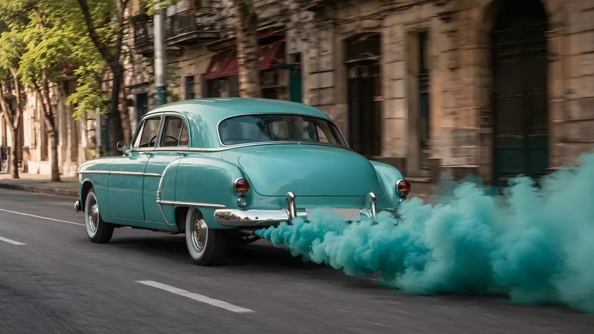 Türkiser Oldtimer fährt mit farbigem Rauch durch die Stadt