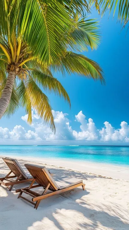 Türkises Paradies mit Palmenstrand und Liegestühlen