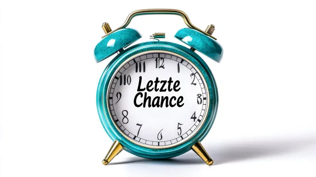 Türkisfarbener Wecker mit Aufschrift 'Letzte Chance'