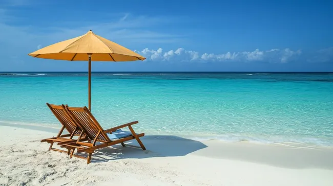 Türkisfarbenes Meer und bequeme Strandliegen mit Sonnenschirm