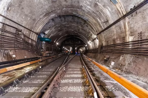 Tunnel in metro between Arsenalna and Dnipro station at Kyiv, Ukraine  Flip 2019