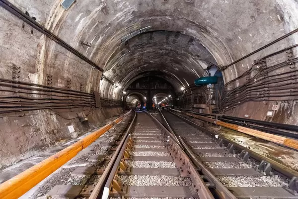 Tunnel in metro between Arsenalna and Dnipro station at Kyiv, Ukraine