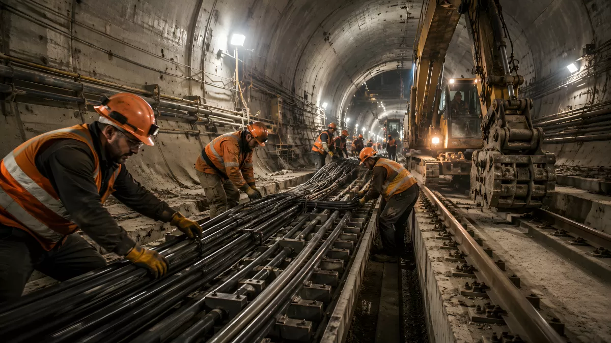 Tunnelarbeiter verlegen Gleise in Bahnhof wie Stuttgart 21