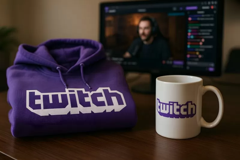 Twitch hoodie and mug in front of stream on monitor