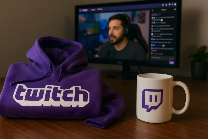 Twitch hoodie and mug with streamer on monitor in background