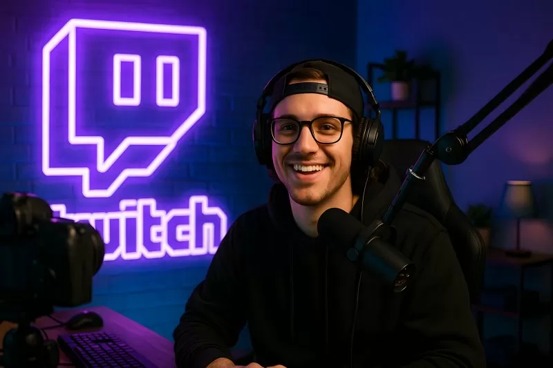 Twitch streamer in neon studio with mic and headphones smiling
