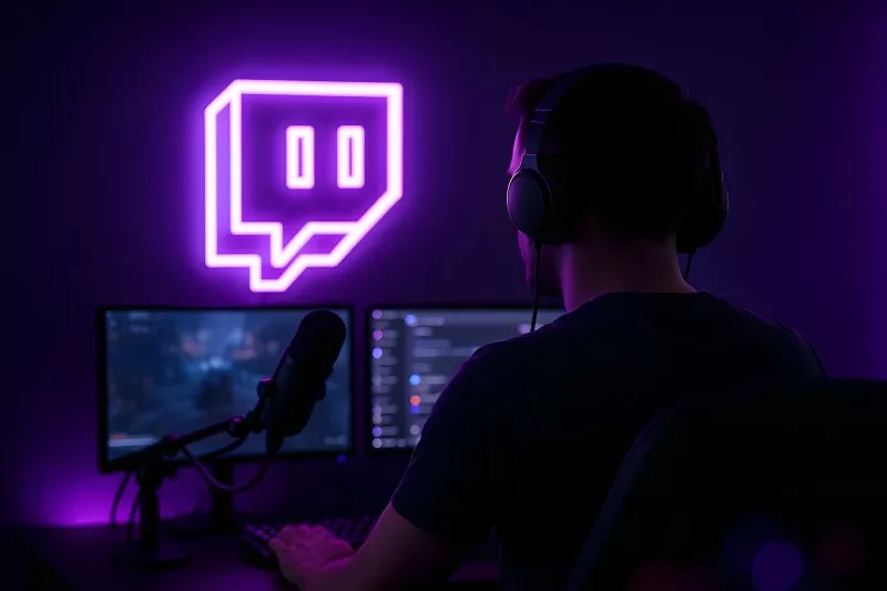 Twitch streamer with neon logo gaming setup and dual monitors at night