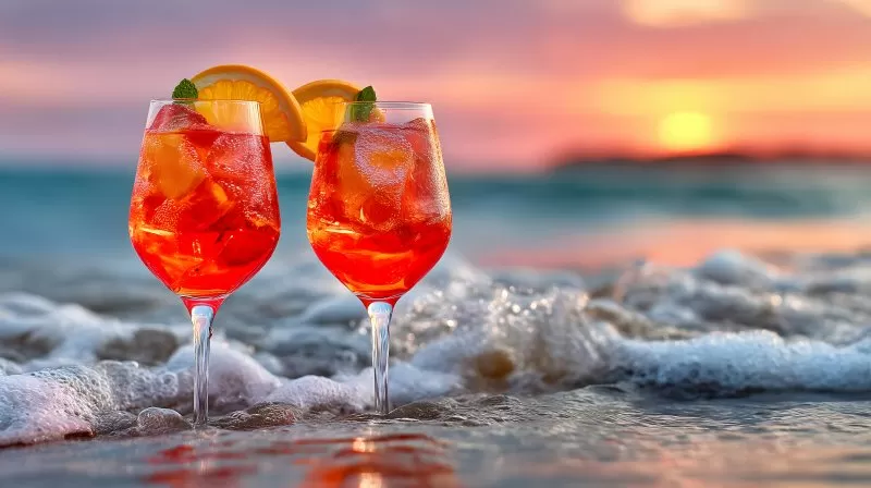 Two Aperol Spritz Cocktails by the Beach at Sunset