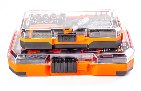 Two boxes with tools on a white background