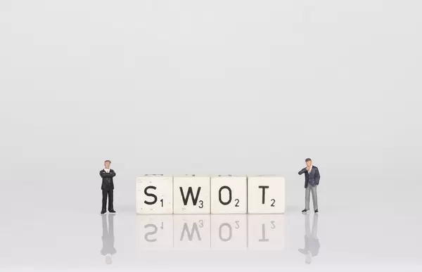 Two businessman with SWOT text