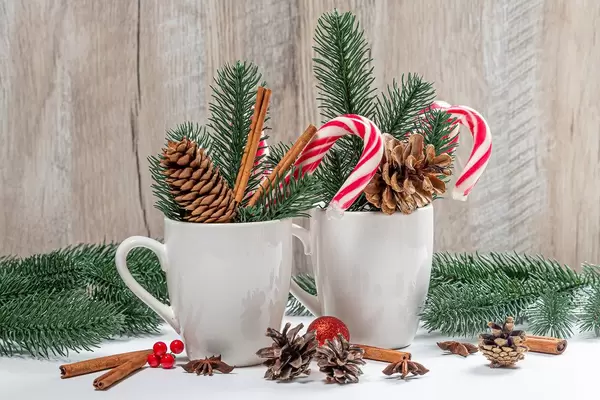 Two cups with lollipops, cones and branches of the Christmas tree. Festive winter background (Flip 2019)