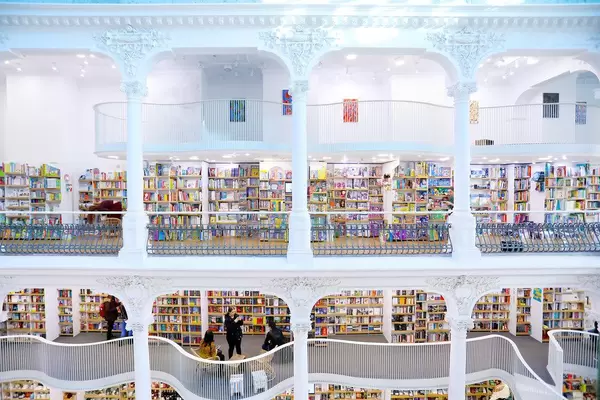 Two floors of books in a bookshop, new modern design, interior