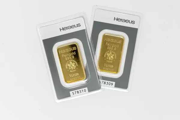 Two Heraeus gold bars in close-up