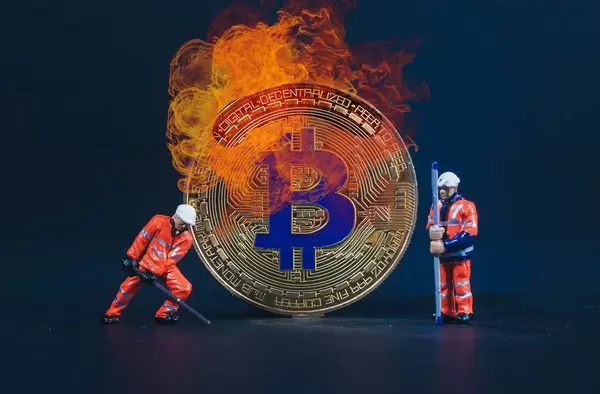 Two miners with Bitcoin in flames