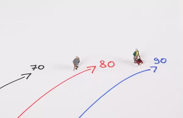 Two older ladiest standing near the arrows with age numbers