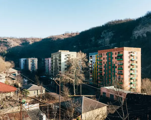 Typical panel soviet apartment buildings of 1960s in post-soviet mining town of Chiatura in western Georgia