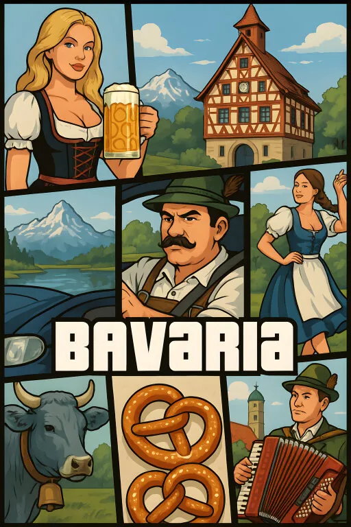 Typische bayerische Szene mit Bier, Tracht und Landschaft