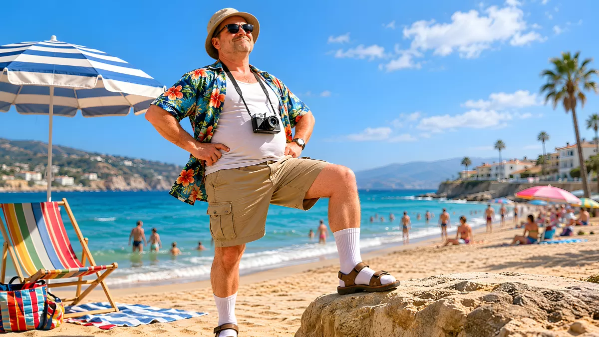 Typischer Tourist am Strand im Sommer-Outfit
