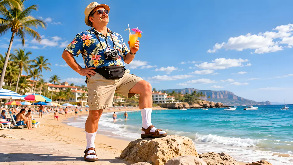 Typischer Tourist am Strand mit Cocktail und Kamera