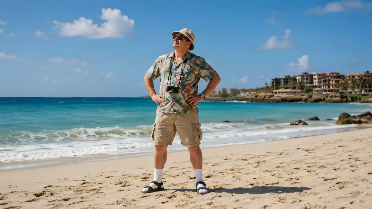 Typischer Tourist am Strand mit Kamera und Hut