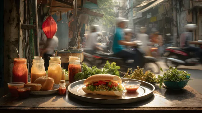 Typisches vietnamesisches Banh Mi-Sandwich auf Straßenmarkt