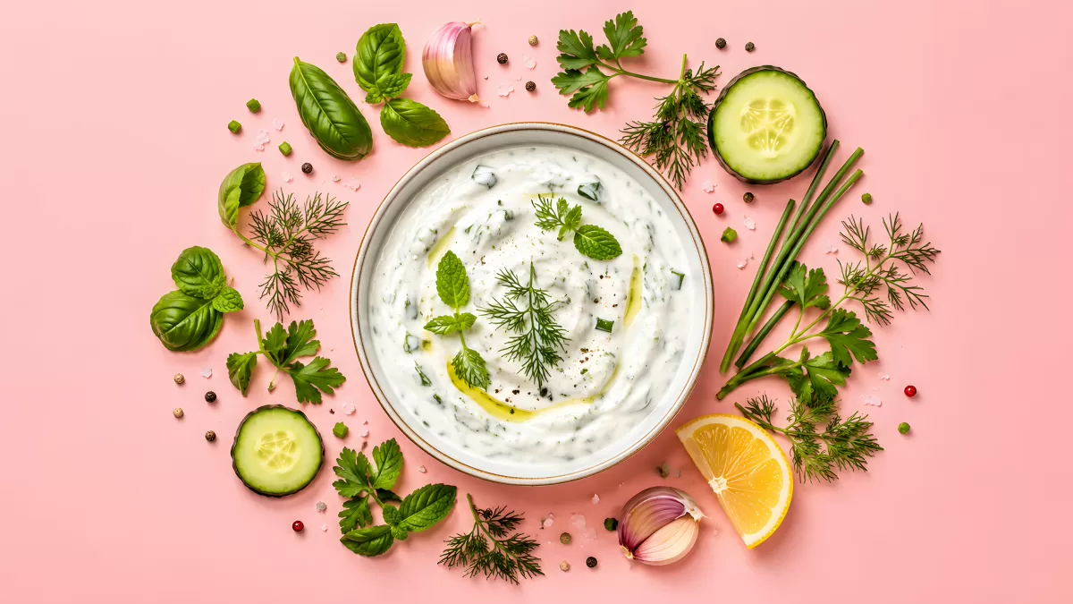 Tzatziki in Schüssel mit frischen Kräutern und Gurke