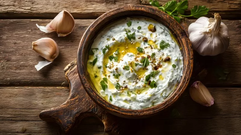 Tzatziki mit Knoblauch und Olivenöl in Holzschale
