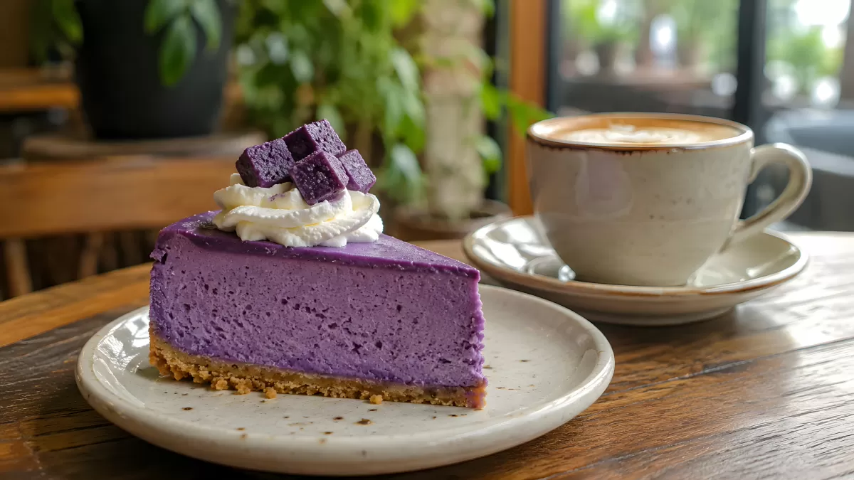 Ube-Cheesecake mit Schlagsahne und Cappuccino