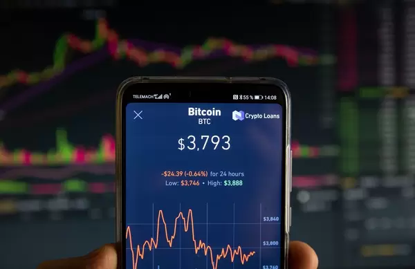 Übersicht Börsenwert von Bitcoin (BTC) auf Display eines Mobiltelefons