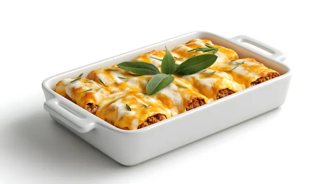 Überbackene Cannelloni mit Käse in Auflaufform