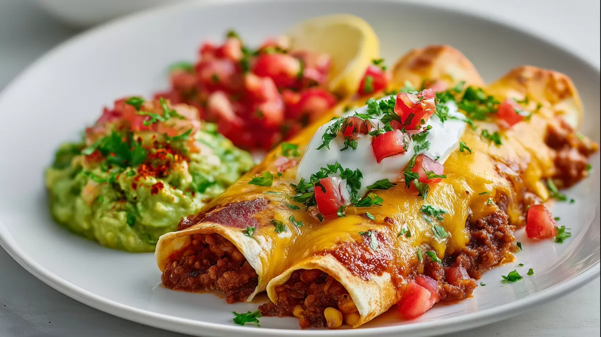 Überbackene Enchiladas mit Avocado Dip auf Teller