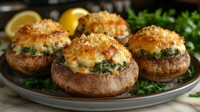 Überbackene, gefüllte Champignons mit Spinat und Käse