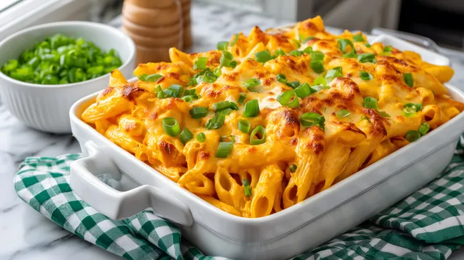 Überbackene Käse-Pasta in Auflaufform mit Frühlingszwiebeln