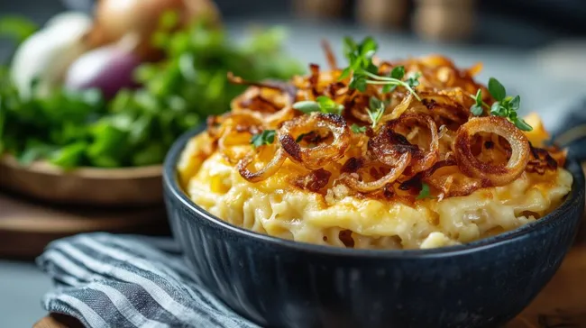 Überbackene Käsespätzle mit knusprigen Zwiebeln