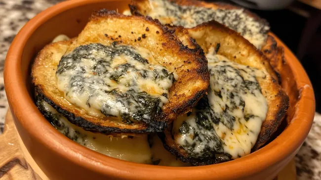 Überbackene Spinat-Käse-Kroketten in Keramikschale